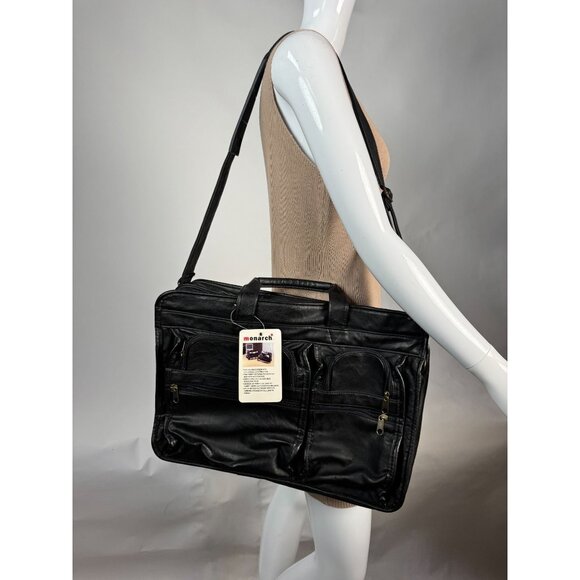 Monarch Black Leather Look Business Briefcase With Multiple Zippered Pockets & A - Picture 1 of 16